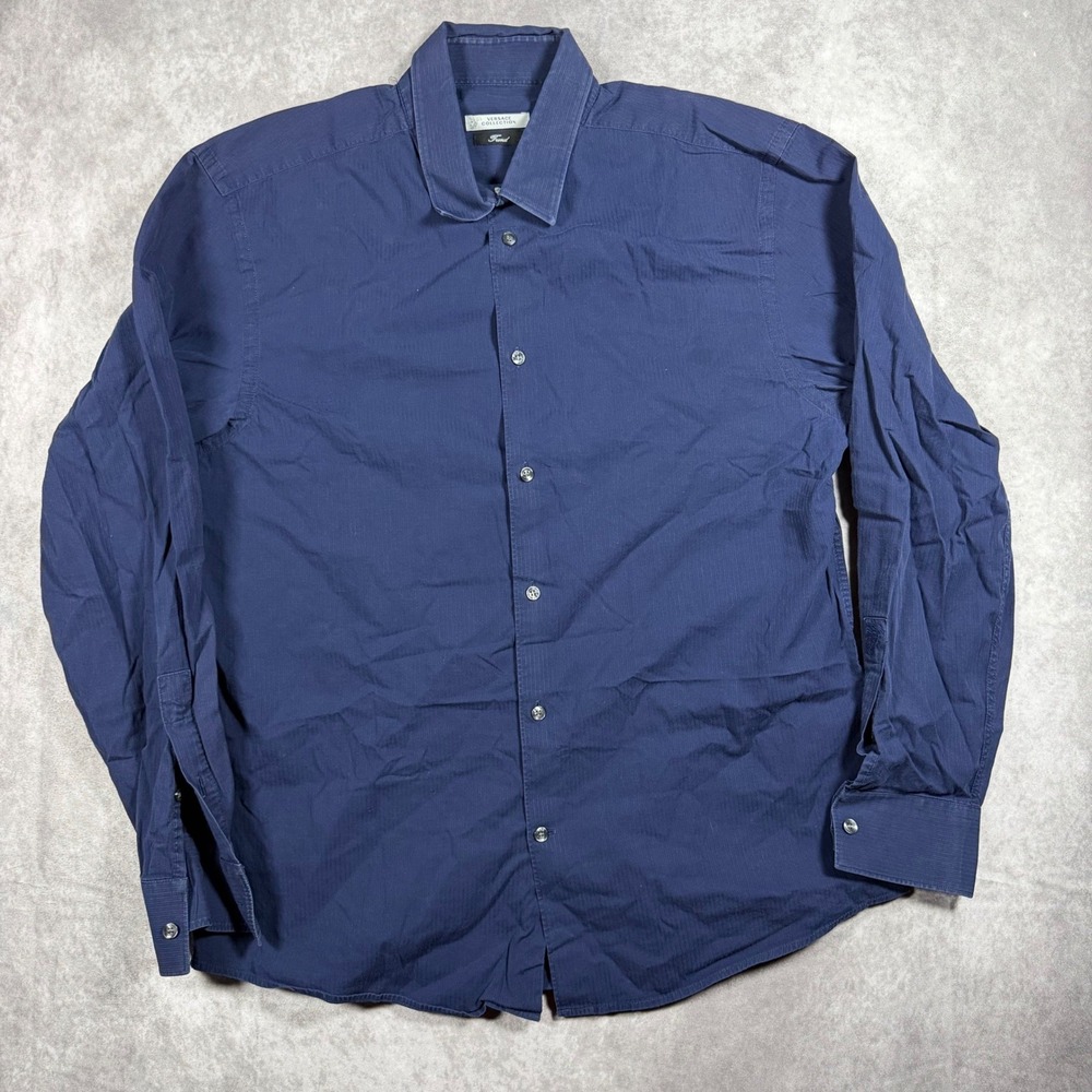 Versace Collection Trend Mens Navy Blue Ribbed Button Down Shirt 17.5 44 Italy
